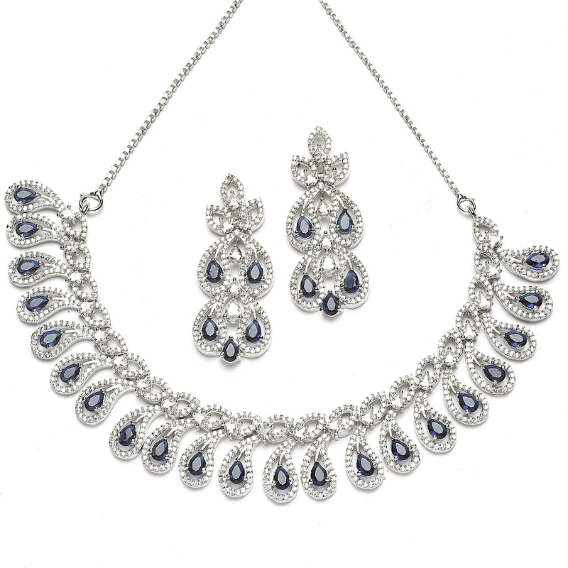 Rhodium-Plated Navy Blue American Diamond Studded Paisley Shaped Necklace & Earrings Jewellery Set