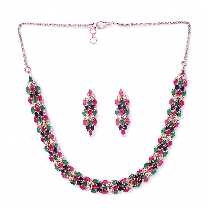 Pink Blue Green & White Rose Gold-Plated American Diamond-Studded Handcrafted Jewellery Set