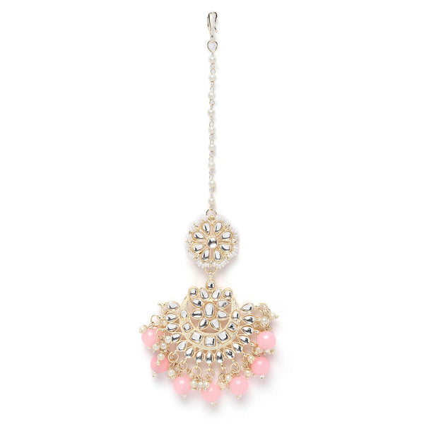 Gold-Plated Pink Pearl & Kundan studded  Chandbali Maang Tikka