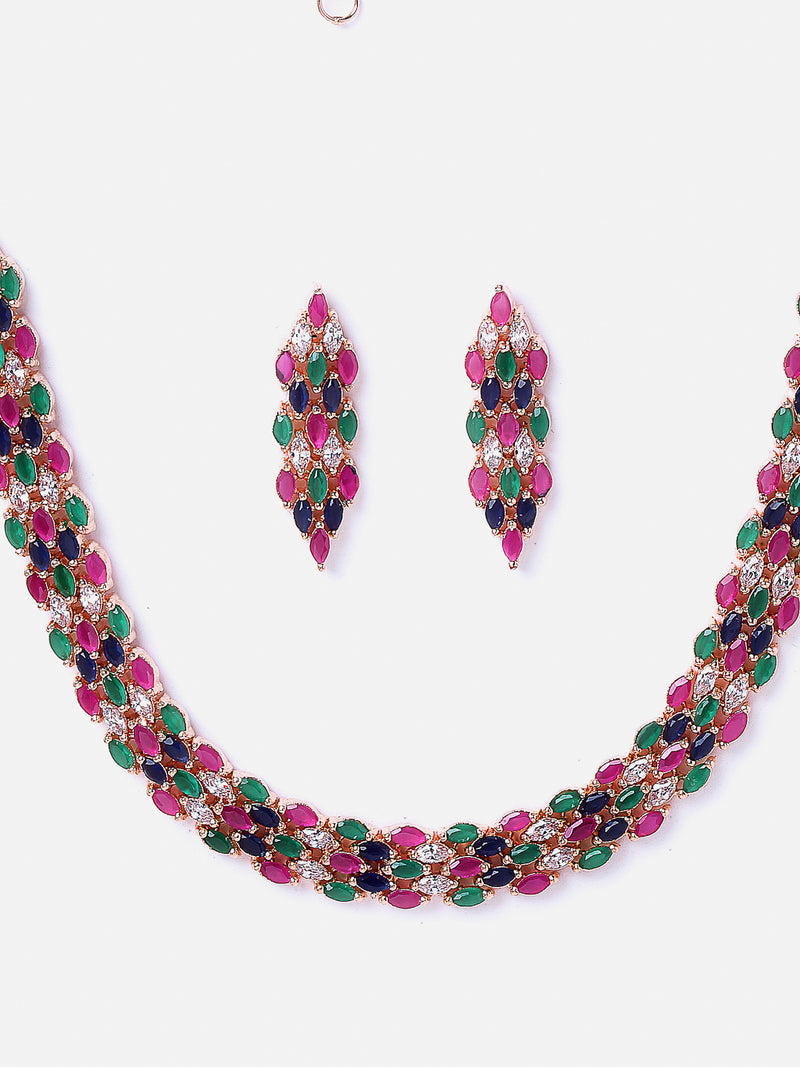 Pink Blue Green & White Rose Gold-Plated American Diamond-Studded Handcrafted Jewellery Set