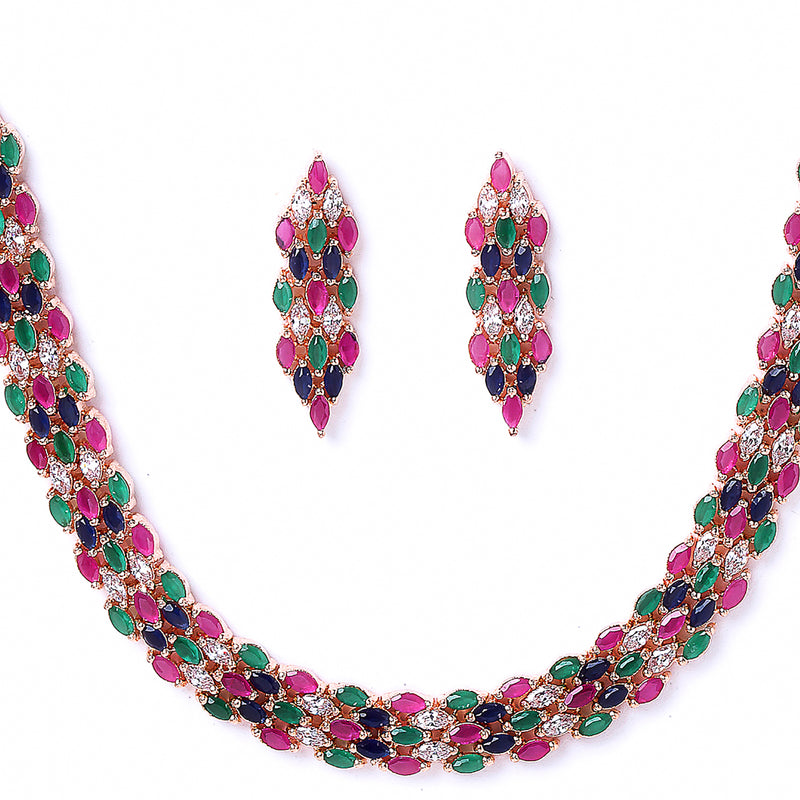 Pink Blue Green & White Rose Gold-Plated American Diamond-Studded Handcrafted Jewellery Set