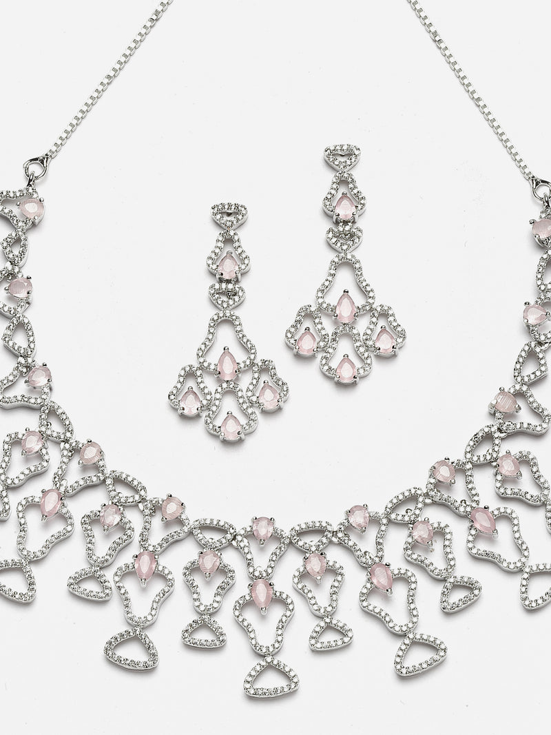 Rhodium-Plated Pink American Diamond Studded Quirky Design Necklace with Earrings Jewellery Set