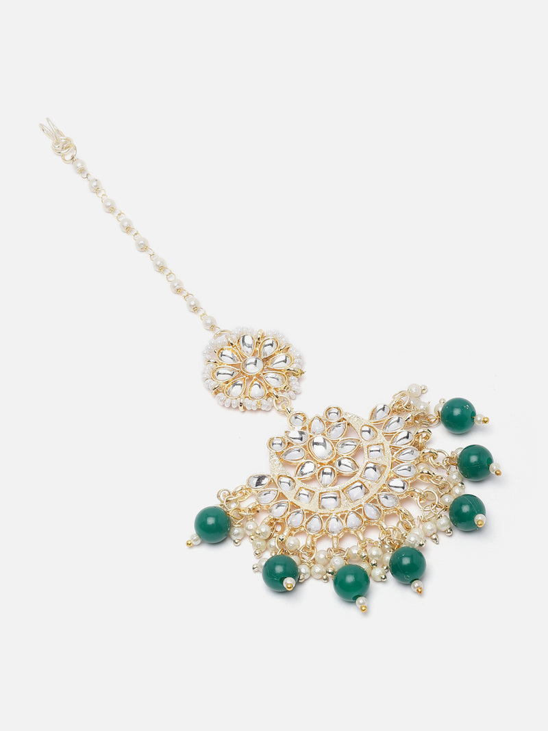 Gold-Plated Green & White Kundan studded Crescent Shaped Maang Tikka