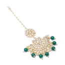 Gold-Plated Floral Green Pearl & Kundan studded  Chandbali Maang Tikka