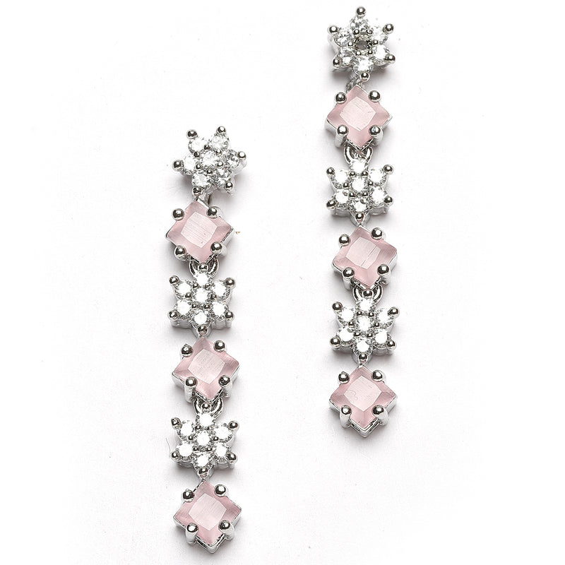 Rhodium-Plated Pink American Diamond Studded Star Shaped Layered Necklace & Earrings Jewellery Set