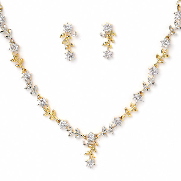 Leaf & Flower Shaped Gold-Plated with Silver-Tone & White American Diamond Studded Handcrafted Jewellery Set