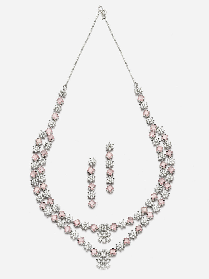 Rhodium-Plated Pink American Diamond Studded Star Shaped Layered Necklace & Earrings Jewellery Set