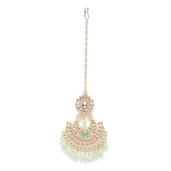 Gold-Plated Floral Light Green Pearl & Kundan studded  Chandbali Maang Tikka