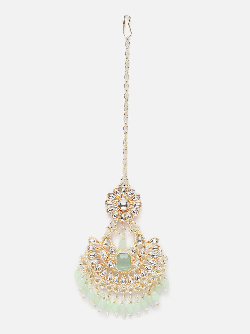 Gold-Plated Lime Green & White Kundan studded Crescent Shaped Maang Tikka