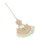 Gold-Plated Floral Light Green Pearl & Kundan studded  Chandbali Maang Tikka