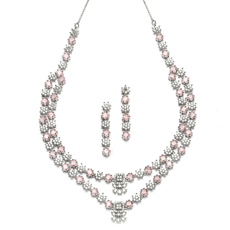 Rhodium-Plated Pink American Diamond Studded Star Shaped Layered Necklace & Earrings Jewellery Set