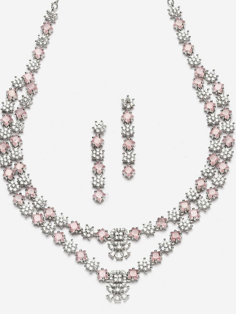 Rhodium-Plated Pink American Diamond Studded Star Shaped Layered Necklace & Earrings Jewellery Set