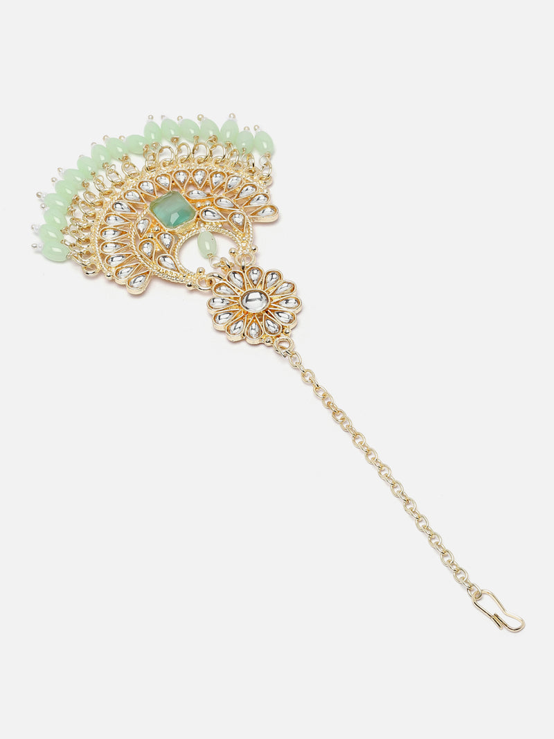 Gold-Plated Lime Green & White Kundan studded Crescent Shaped Maang Tikka