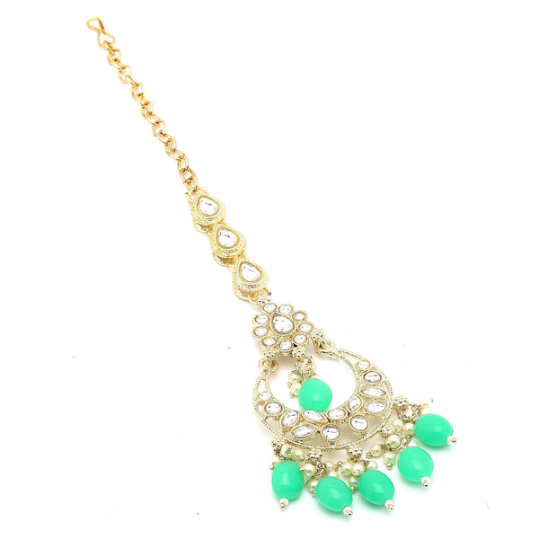 Traditional Gold Plated Kundan Studded & Mint Green Drop Pearl Maangtikka