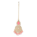 Gold-Plated  Teardrop Shaped Pink & White Kundan studded Maang Tikka