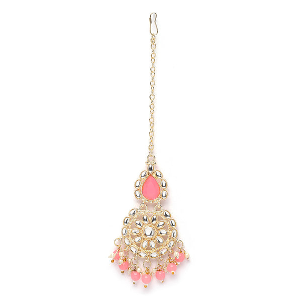 Gold-Plated  Teardrop Shaped Pink & White Kundan studded Maang Tikka