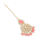 Gold-Plated  Teardrop Shaped Pink & White Kundan studded Maang Tikka