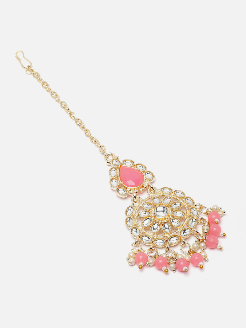 Gold-Plated Pink & White Kundan studded Teardrop Shaped Maang Tikka