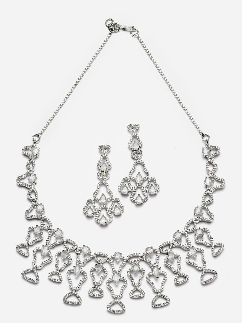 Rhodium-Plated Grey American Diamond Studded Quirky Design Necklace with Earrings Jewellery Set