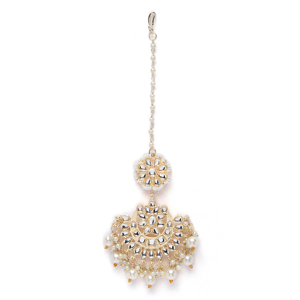 Gold-Plated Floral White Pearl & Kundan studded  Chandbali Maang Tikka