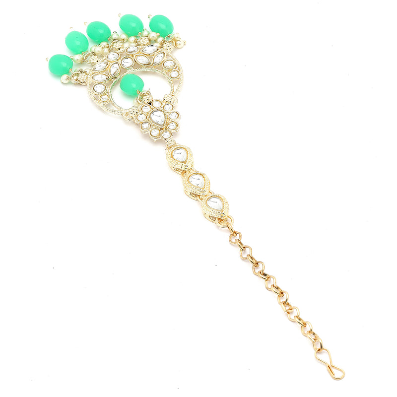 Traditional Gold Plated Kundan Studded & Mint Green Drop Pearl Maangtikka
