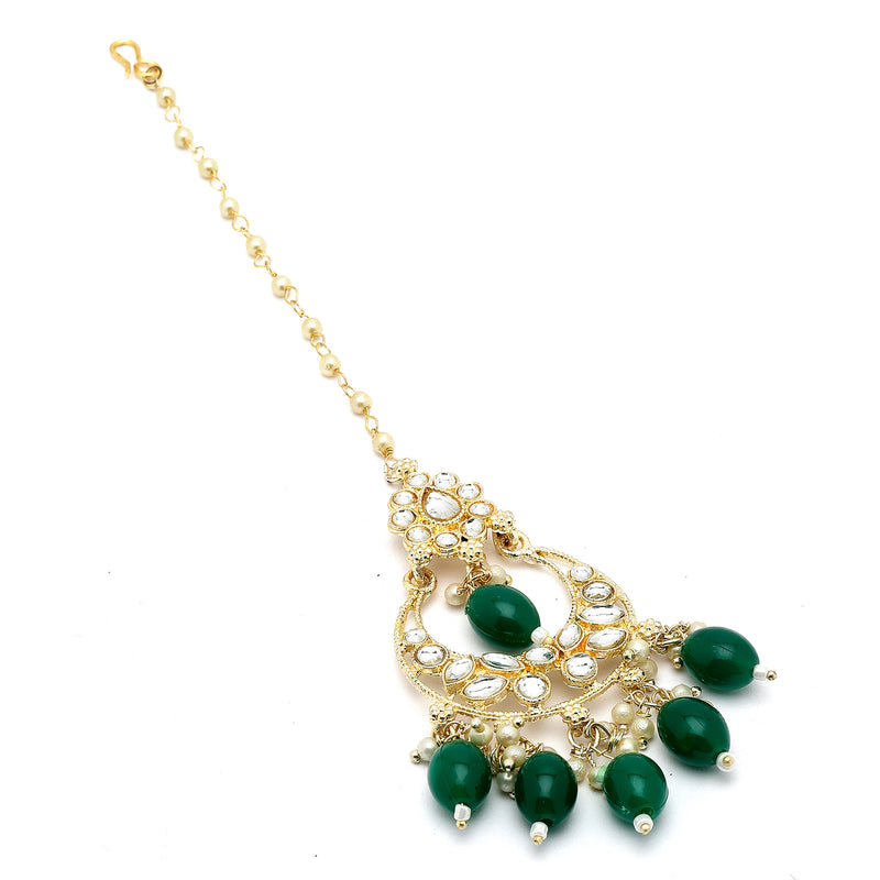 Traditional Gold Plated Kundan Studded & Green Drop Pearl Maangtikka