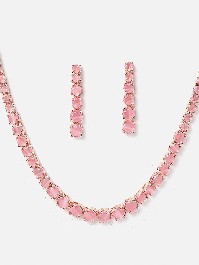 Pink Rose Gold-Plated Cubic-Zirconia Studded Handcrafted Jewellery Set
