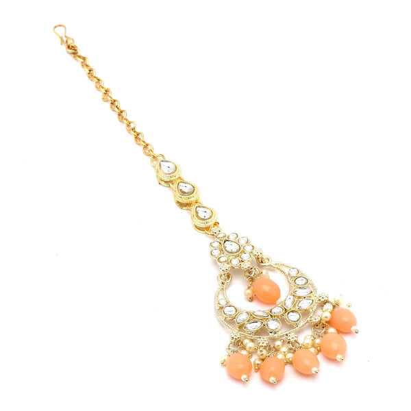 Traditional Gold Plated Kundan Studded & Orange Drop Pearl Maangtikka