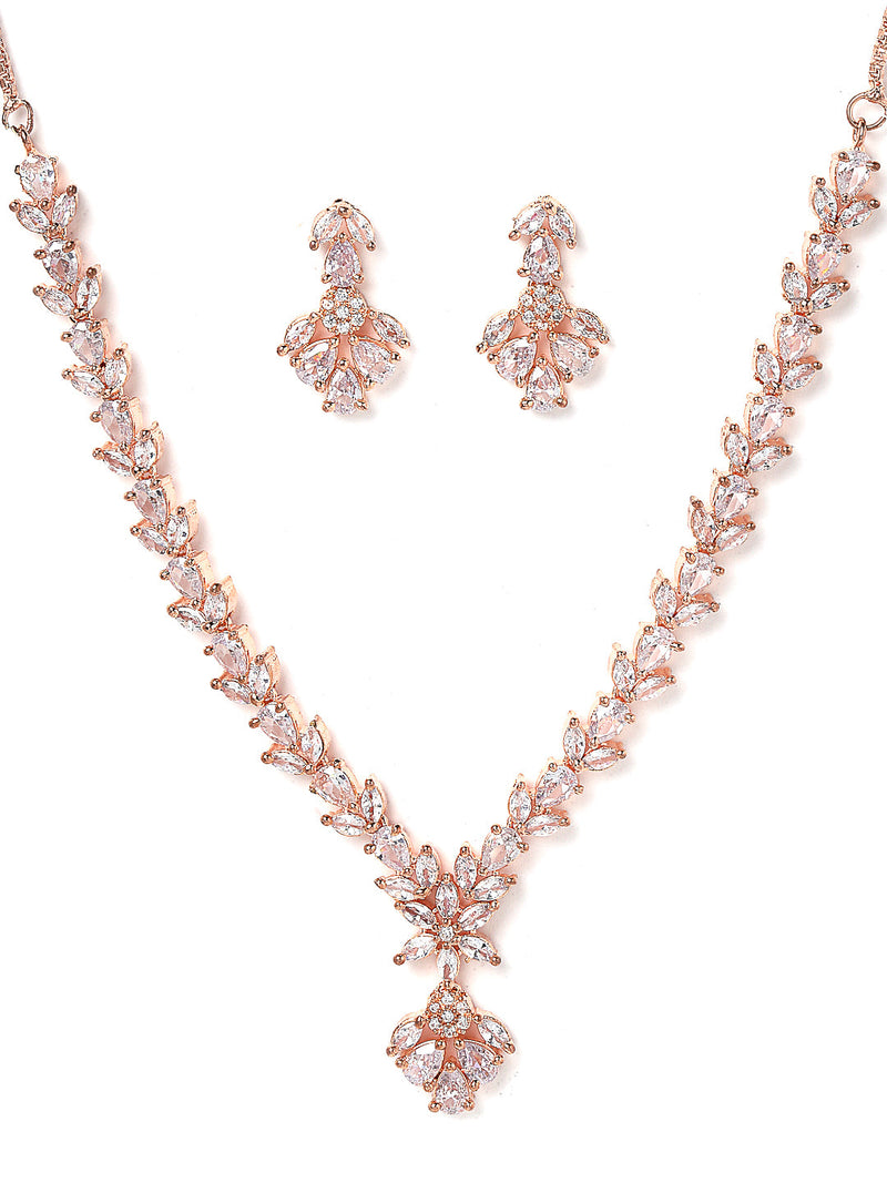 Rhodium Plated Silver Toned Floral Motif White AD Studded Necklace Set & Matching Earrings