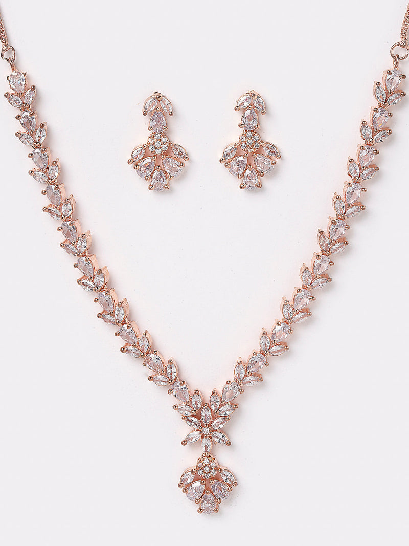 Rhodium Plated Silver Toned Floral Motif White AD Studded Necklace Set & Matching Earrings