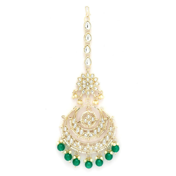Traditional Gold Plated Kundan & Green Bead Chandbali Maang Tikka