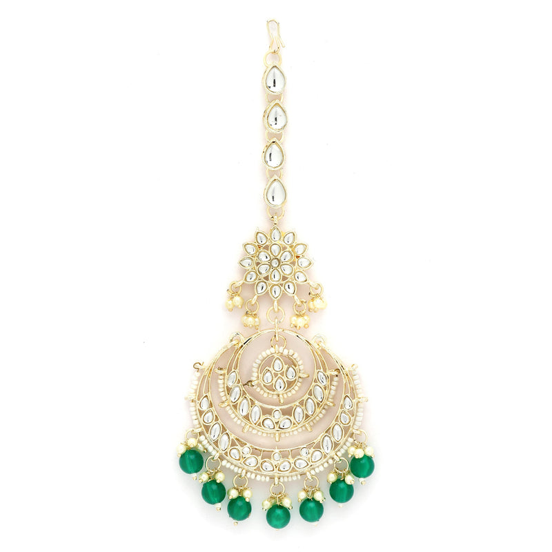 Traditional Gold Plated Kundan & Green Bead Chandbali Maang Tikka