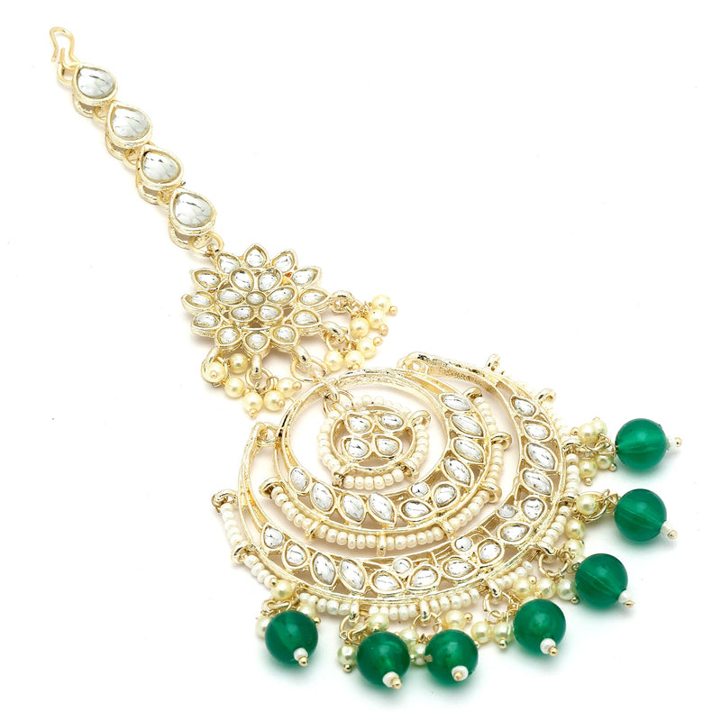 Traditional Gold Plated Kundan & Green Bead Chandbali Maang Tikka
