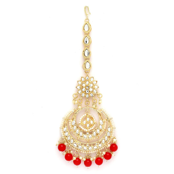 Traditional Gold Plated Kundan & Red Bead Chandbali Maang Tikka