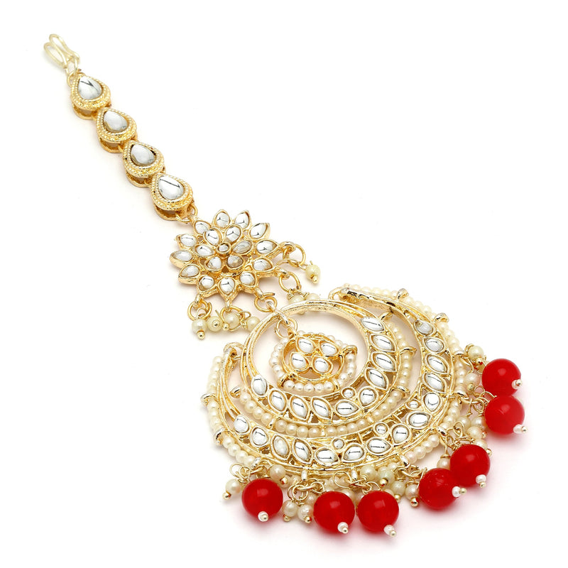 Traditional Gold Plated Kundan & Red Bead Chandbali Maang Tikka