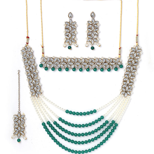 Gold-Plated & Green Kundan-Studded & Pearl Beaded Antique Jewellery Set Combo