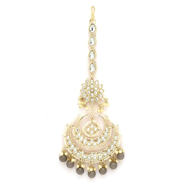 Traditional Gold Plated Kundan & Grey Bead Chandbali Maang Tikka