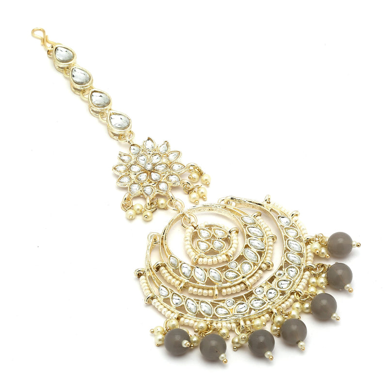Traditional Gold Plated Kundan & Grey Bead Chandbali Maang Tikka