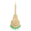 Traditional Gold Plated Kundan & Sea Green Bead Chandbali Maang Tikka