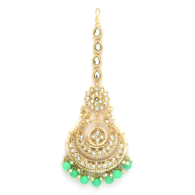 Traditional Gold Plated Kundan & Sea Green Bead Chandbali Maang Tikka
