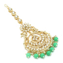 Traditional Gold Plated Kundan & Sea Green Bead Chandbali Maang Tikka