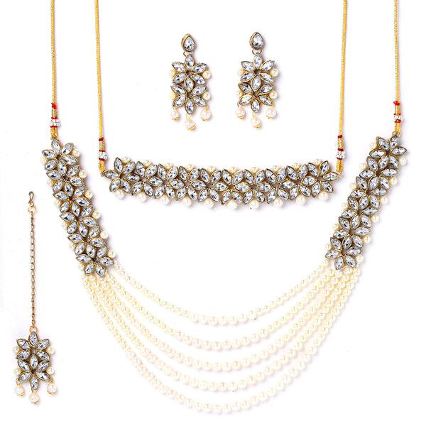 Flower Shaped Gold-Plated & White Kundan-Studded Five Layered Jewellery Set Combo