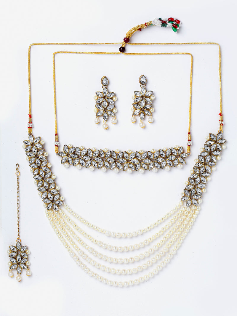 Flower Shaped Gold-Plated & White Kundan-Studded Five Layered Jewellery Set Combo