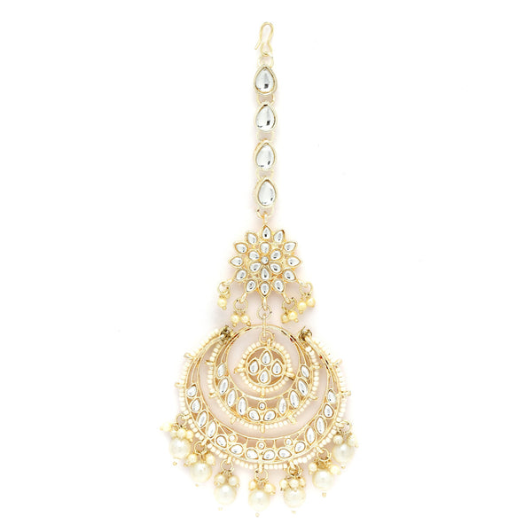 Traditional Gold Plated Kundan & White Bead Chandbali Maang Tikka
