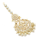Traditional Gold Plated Kundan & White Bead Chandbali Maang Tikka