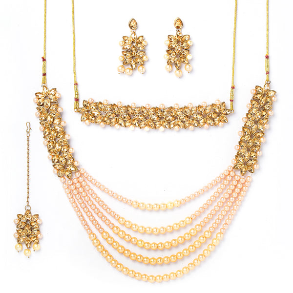 LCT Gold-Plated & Yellow Kundan Studded Multi-Stranded Jewellery Set Combo