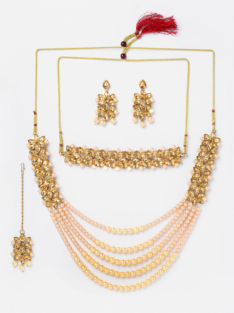 LCT Gold-Plated & Yellow Kundan Studded Multi-Stranded Jewellery Set Combo