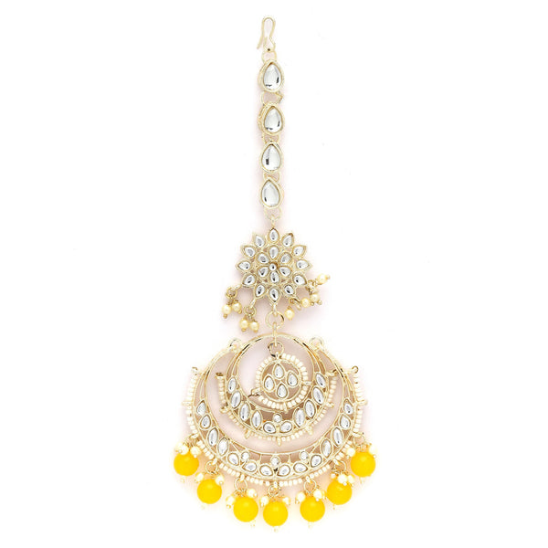 Traditional Gold Plated Kundan & Yellow Bead Chandbali Maang Tikka