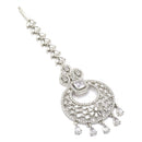 Rhodium Plated Silver Toned American Diamond  Maang Tikka with Elegant Dangling Stones