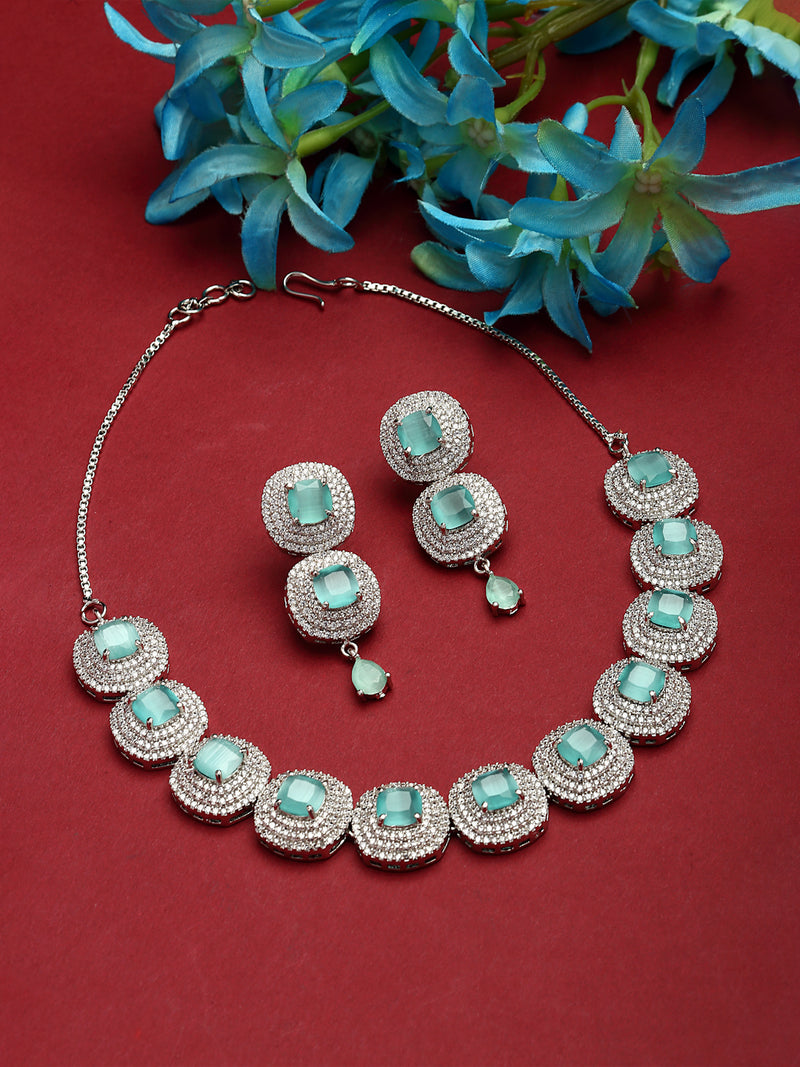 Rhodium-Plated Sea Green Cubic Zirconia Studded Necklace with Earrings Jewellery Set